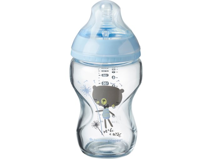 Tommee Tippee Kojenecká láhev C2N 250ml skleněná potisk Blue, 0m+