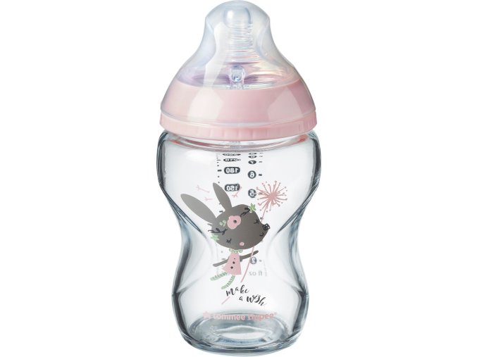 Tommee Tippee Kojenecká láhev C2N 250ml skleněná potisk Pink, 0m+