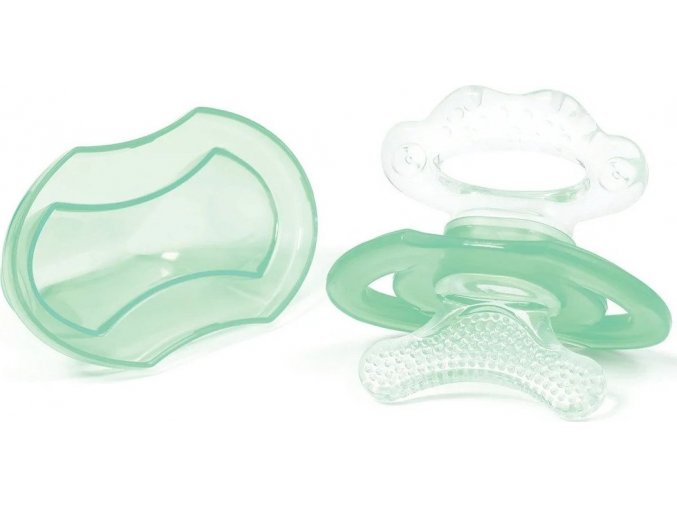 BabyOno Kousátko silikonový bez BPA ve tvaru dudlíku s krytem zelená 3m+