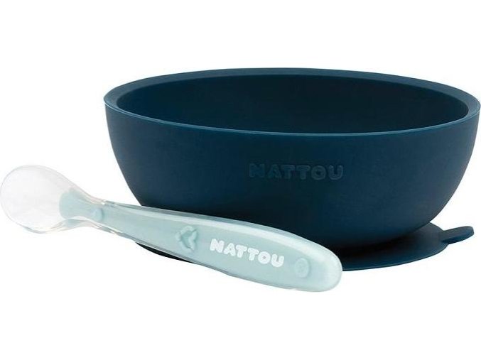 NATTOU NATTOU Set jídelní silikonový 2 ks miska a lžička modrý bez BPA