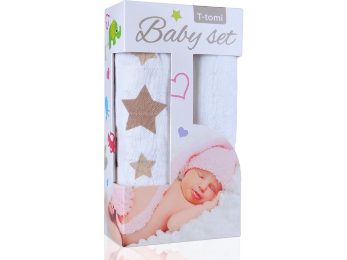 Baby set - bambusová osuška beige stars / béžové hvězdičky + bambusová osuška white / bílá