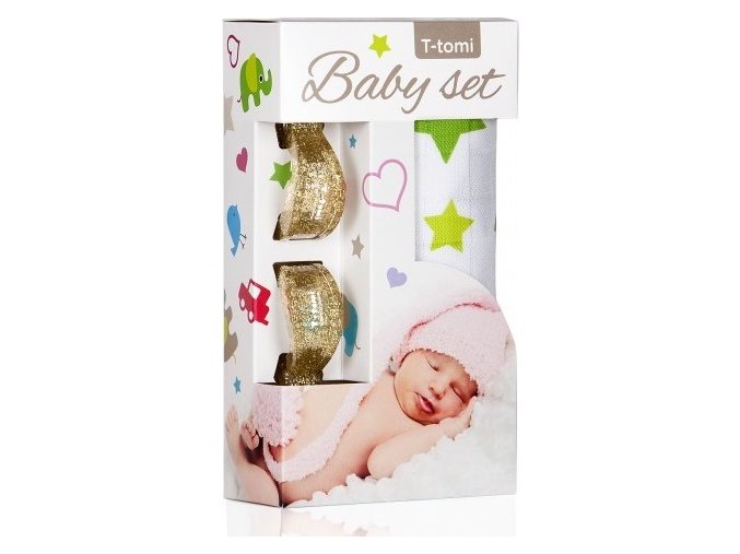 Baby set - bambusová osuška green stars / zelené hvězdičky + kočárkový kolíček gold / zlatá