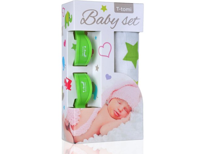 Baby set - bambusová osuška green stars / zelené hvězdičky + kočárkový kolíček green / zelená