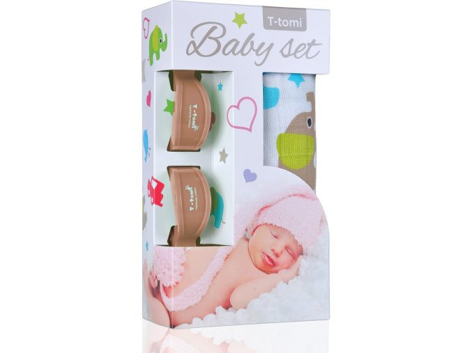 Baby set - bambusová osuška green elephants / zelení sloni + kočárkový kolíček beige / béžová