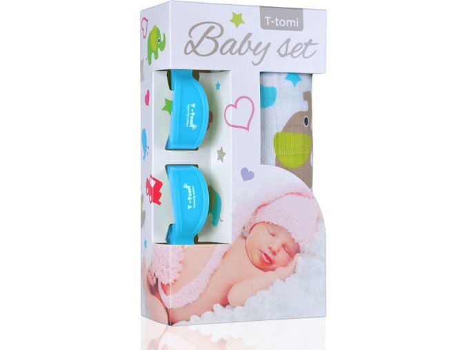 Baby set - bambusová osuška green elephants / zelení sloni + kočárkový kolíček blue / modrá