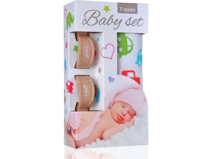 Baby set - bambusová osuška cars / auta+ kočárkový kolíček beige / béžová