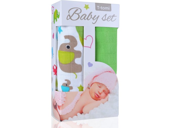 Baby set - bambusová osuška green elephants / zelení sloni + bambusová osuška green / zelená