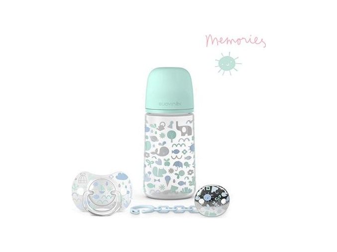 SUAVINEX SADA 270ml + DUDLÍK FYZIOLOGICKÝ 0/6M + KLIP MEMORIES - MODRÝ