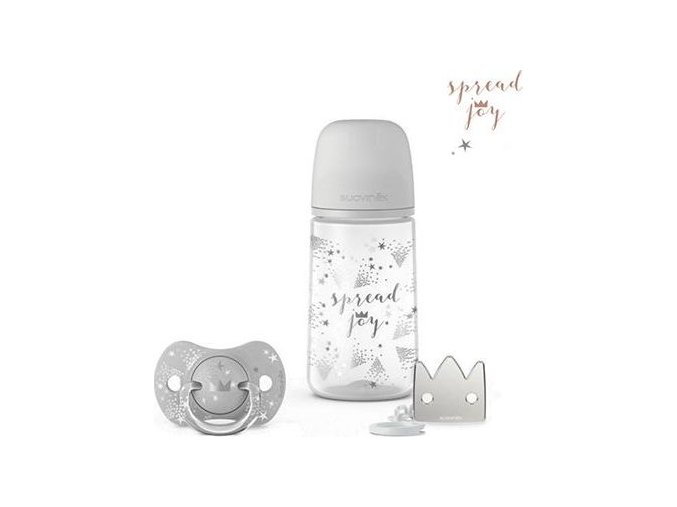 SUAVINEX | SADA LÁHEV 270ml + dudlík fyziologický 0/6m + klip JOY - stříbrná (Varianta SUAVINEX | SADA LÁHEV 270ml + dudlík fyziologický 0/6m + klip JOY - stříbrná)