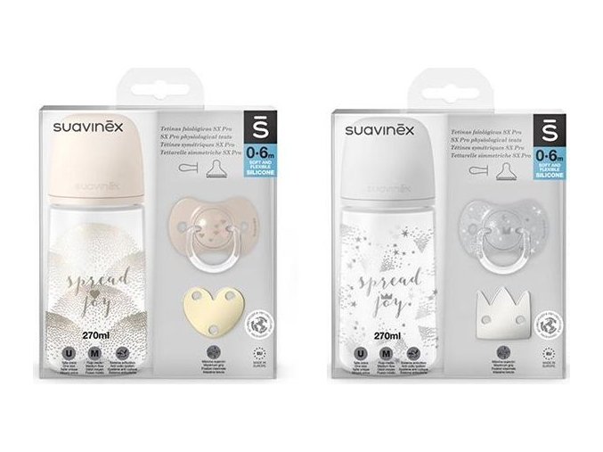 SUAVINEX | SADA LÁHEV 270ml + dudlík fyziologický 0/6m + klip JOY - stříbrná (Varianta SUAVINEX | SADA LÁHEV 270ml + dudlík fyziologický 0/6m + klip JOY - stříbrná)