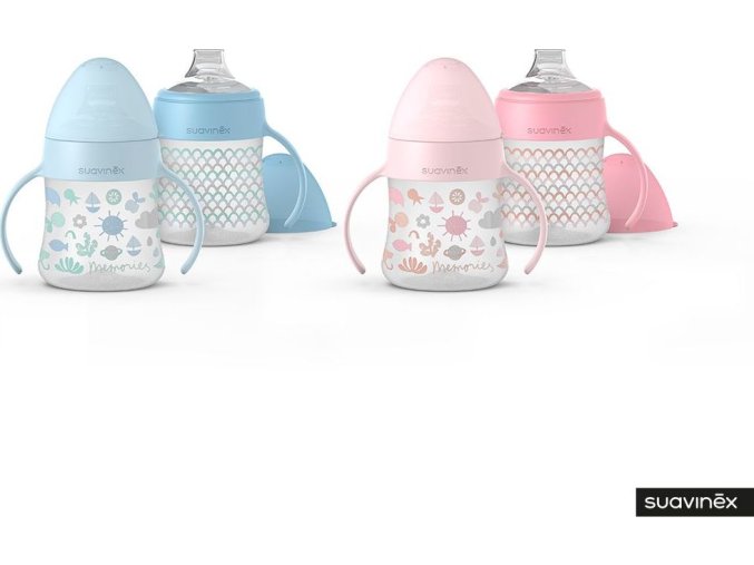 SUAVINEX | Láhev MEMORIES první s oušky 150 ml - modré vlnky (Varianta LÁHEV MEMORIES PRVNÍ S OUŠKY 150 ml RŮŽOVÁ S OBRÁZKY)