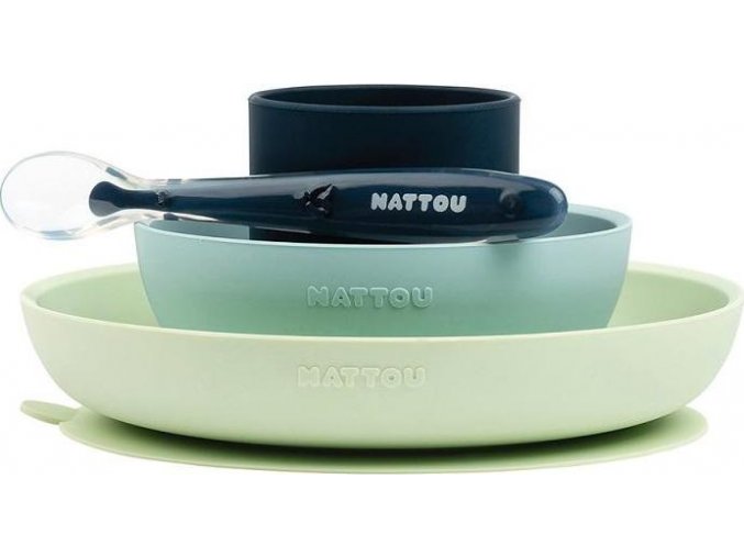 NATTOU NATTOU Set jídelní silikonový 4 ks zeleno-modrý bez BPA