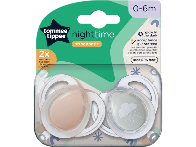 TOMMEE TIPPEE Šidítko symetrický silikon Night 0-6m 2 ks, Růž./Modrá (Varianta Růž./Modrá)