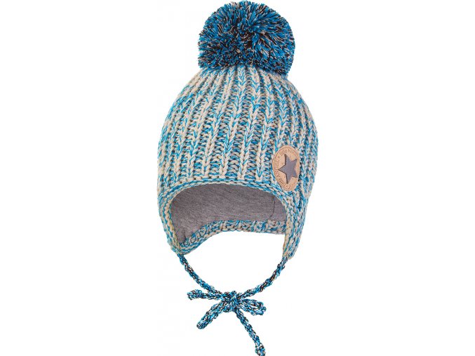 Little Angel Čepice pletená zavazovací bambule LA Outlast ® - modrý melír (Velikost 1 | 36-38 cm)