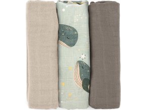 PETITEMARS PETITE&MARS Sada plen bambusová mušelínová 3ks Moussy Whale Song 68 x 68 cm
