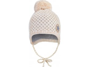 Little Angel Čepice pletená zavazovací drobný vzor bambule Outlast® - natur melír