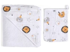 FUNNABABY Mušelínový set Osuška s kapucí + Žínka Circus Grey