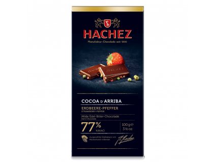 HA02 Hořká čokoláda Cocoa d´Arriba 77% s jahodami a zeleným pepřem Hachez 100g
