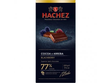 HA08 Hořká čokoláda Cocoa d´Arriba 77% s ostružinami a kousky kakaových bobů Hachez 100g