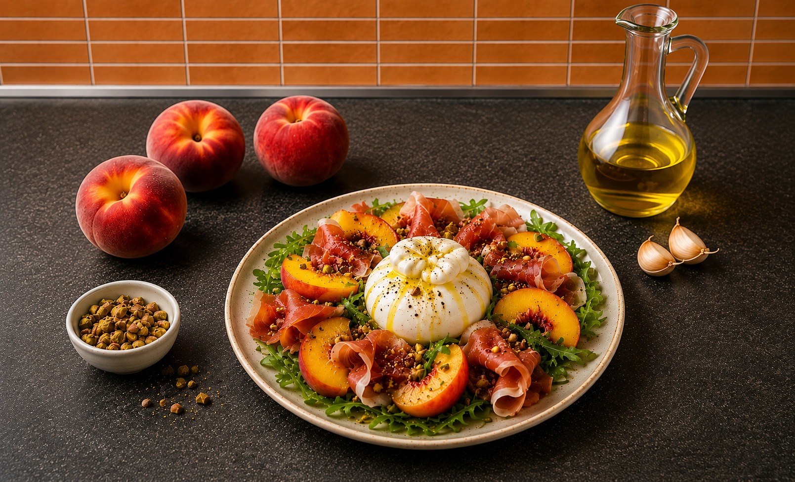Burrata s broskvemi, prosciuttem a pistáciemi