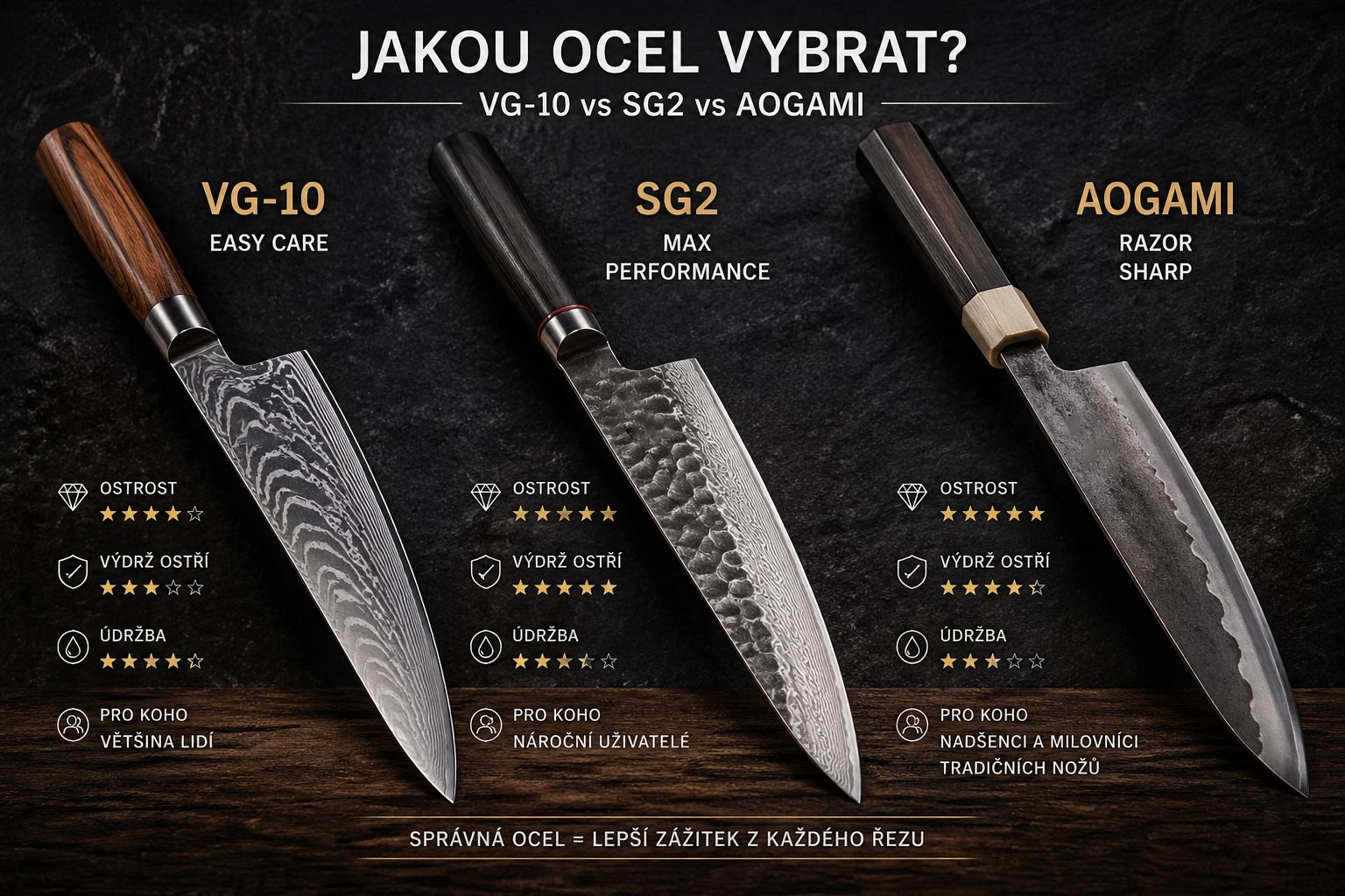 Jakou ocel vybrat (VG10 vs SG2 vs Aogami) – kompletní průvodce 2026