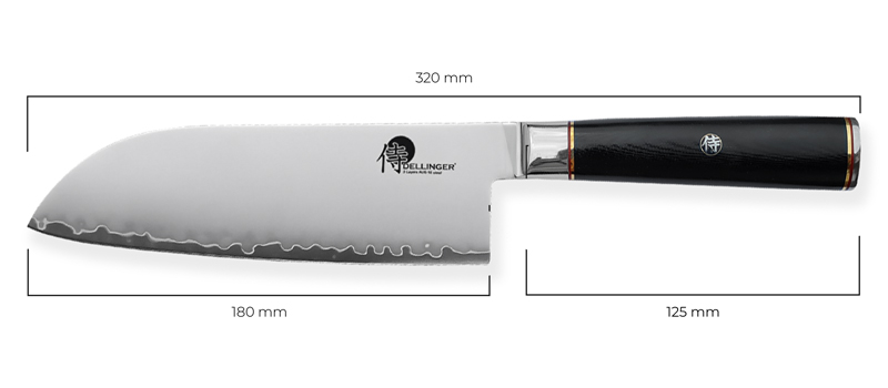 Všestranný kuchyňský nůž Santoku ze série Dellinger Okami 3 layers AUS10 rozmery