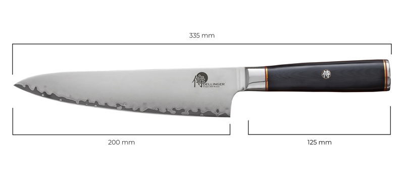 Ostrý kuchyňský nůž Chef ze série Dellinger Okami 3 layers AUS10 rozmery