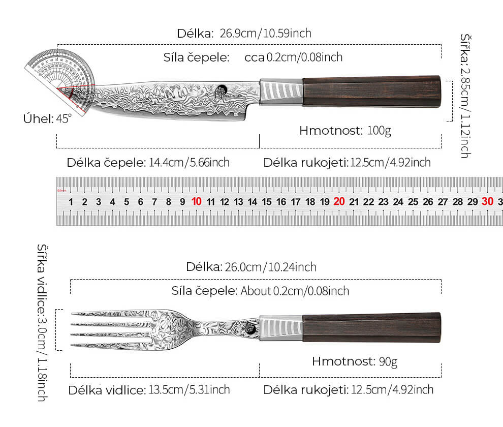 Parametry prémiové steakové sady nože a vidličky z oceli VG-10 Dellinger