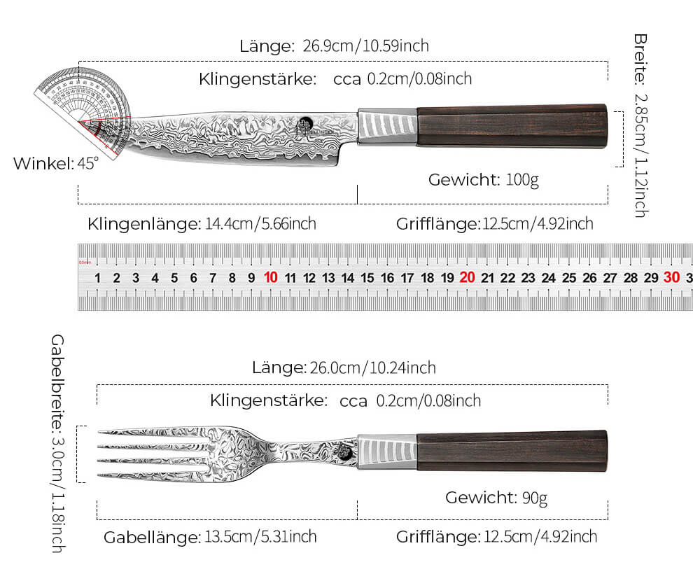 Parameter des Premium-Steakbestecks aus VG-10 Stahl Dellinger