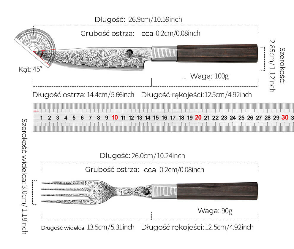 Parametry premium zestawu stekowego nóż i widelec ze stali VG-10 Dellinger