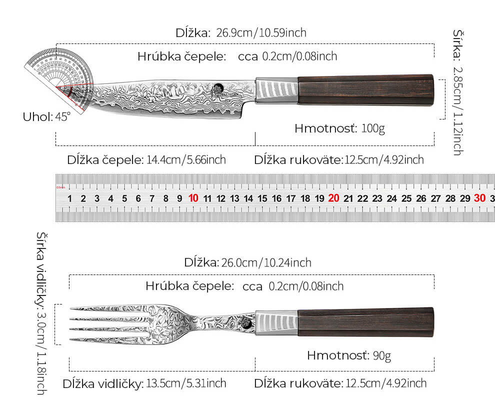 Parametre prémiovej steakovej súpravy noža a vidličky z ocele VG-10 Dellinger