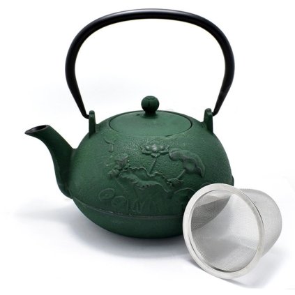 Elegantní litinová konvice MIDORI NO HANA v japonském stylu. Objem 1300 ml, s jemným nerezovým sítkem na sypaný čaj