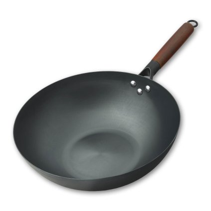 Pánev WOK ocelová 32 cm ploché dno, odnímatelná dřevěná rukojeť a