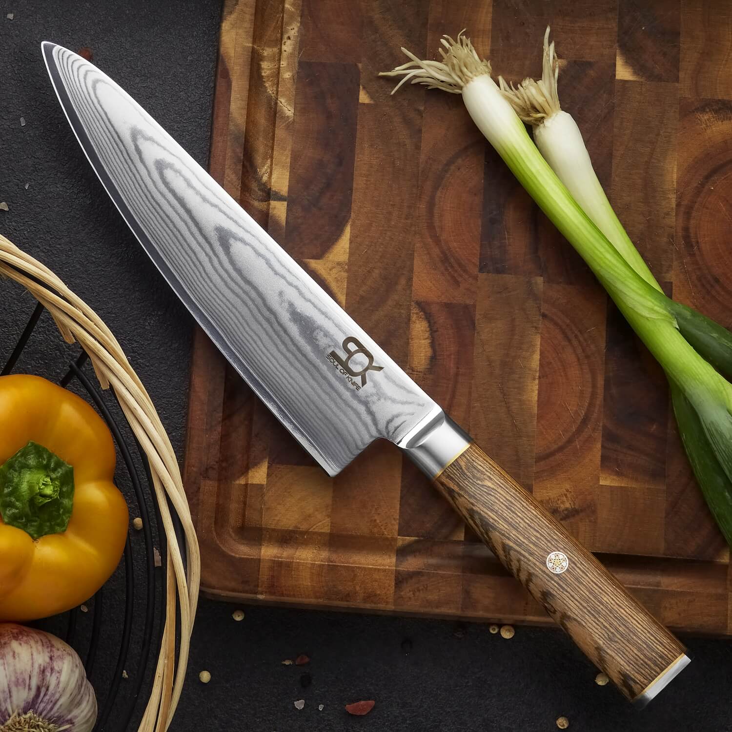 sada 6 kuchyňských nožů SOK Cocobolo White Damascus + magnetický stojánek sada 6 kuchyňských nožů SOK Cocobolo White Damascus + magnetický stojánek