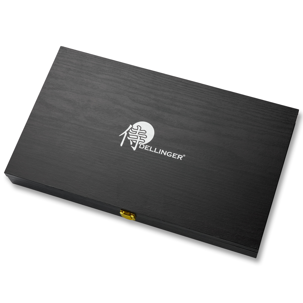 sada 3 nožů + diamantová ocílka v dřevěné dárkové krabici, Dellinger German Black Samurai