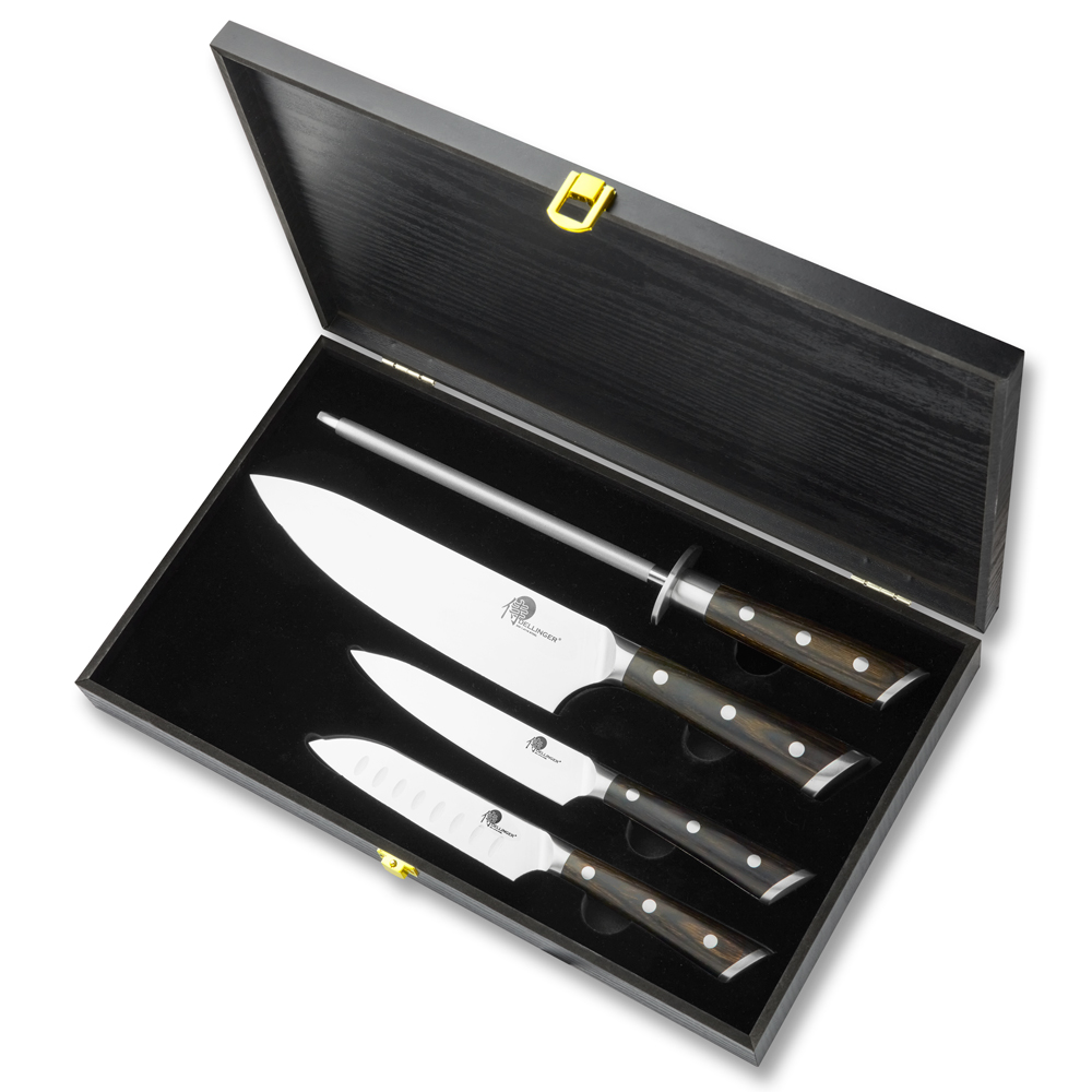 sada 3 nožů + diamantová ocílka v dřevěné dárkové krabici, Dellinger German Black Samurai