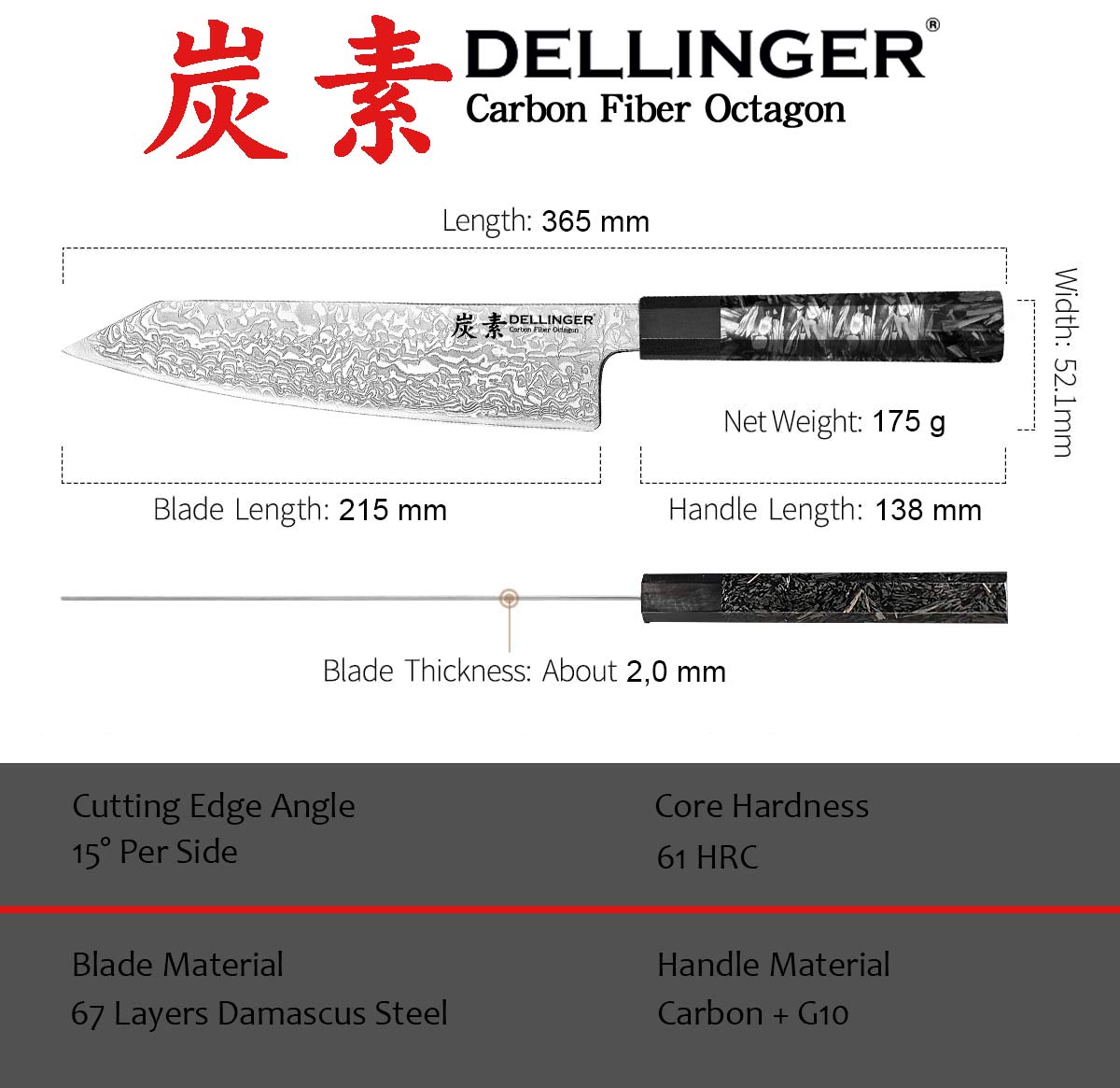 Kuchyňský nůž Chef/Kiritsuke 215 mm Dellinger Carbon Fiber Octagon®