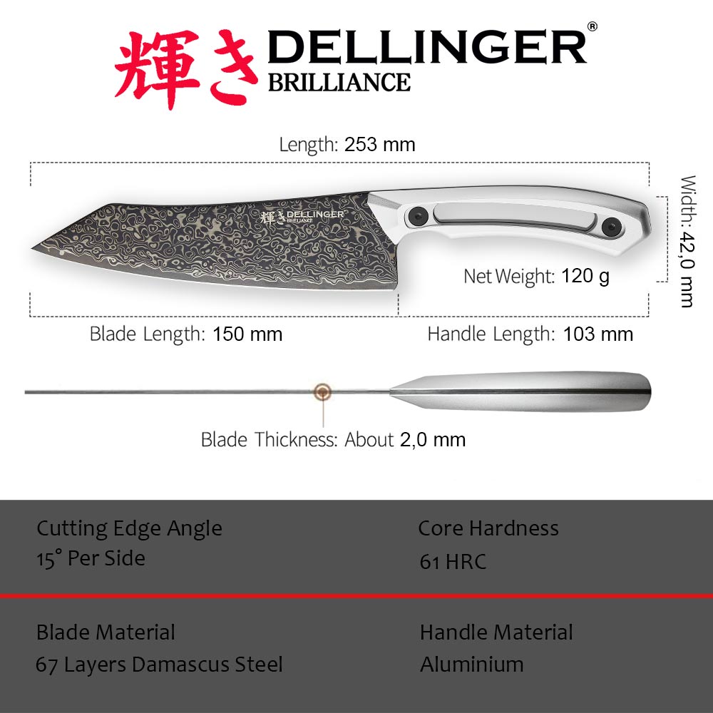 Malý nůž Chef/Kiritsuke 150 mm Dellinger White Aluminium Damascus