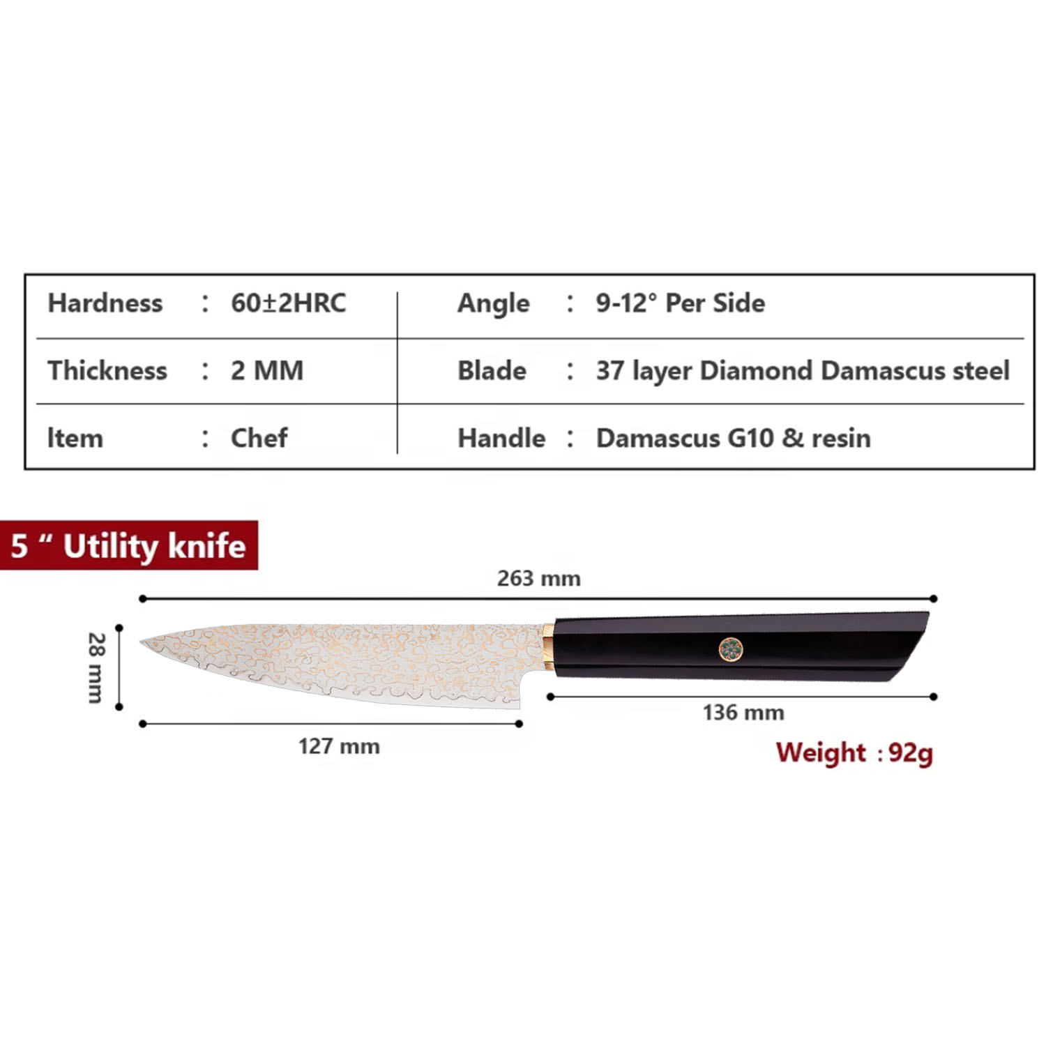Malý loupací nůž Utility 130 mm Dellinger® Resin Black Gold Damascus