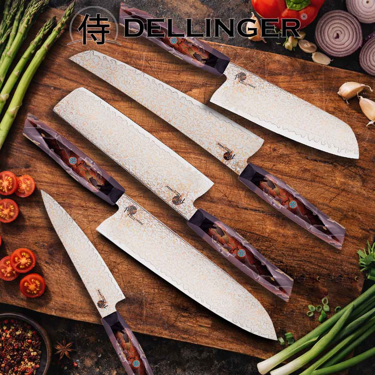 Malý loupací nůž Utility 130 mm Dellinger® Resin Mesh Gold Damascus