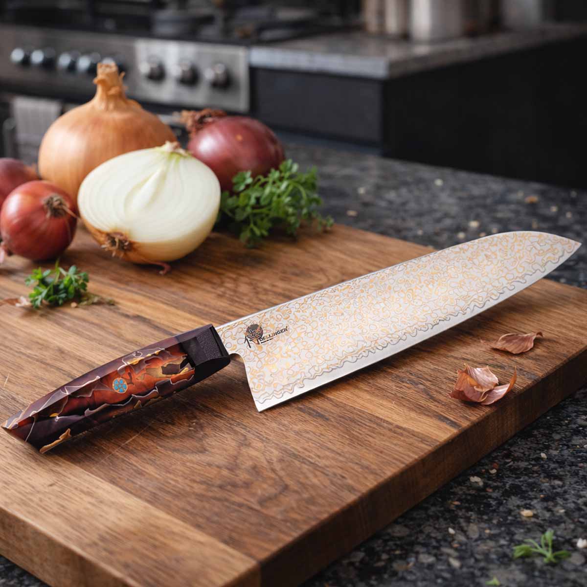 Dellinger Kuchyňský nůž Chef/Gyuto 210 mm Dellinger® Resin Mash Gold Damascus