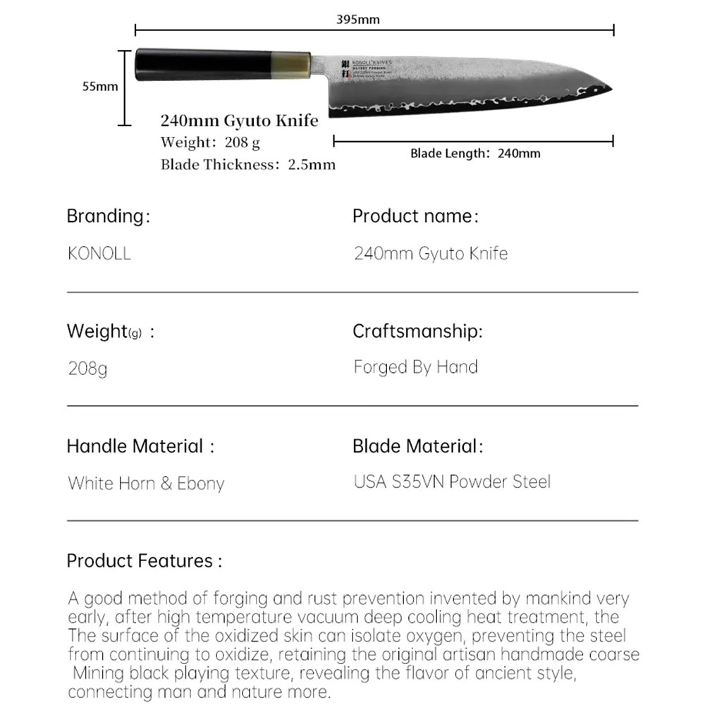 Kuchyňský nůž Chef/Gyuto 240 mm Konoll® Silver Forging
