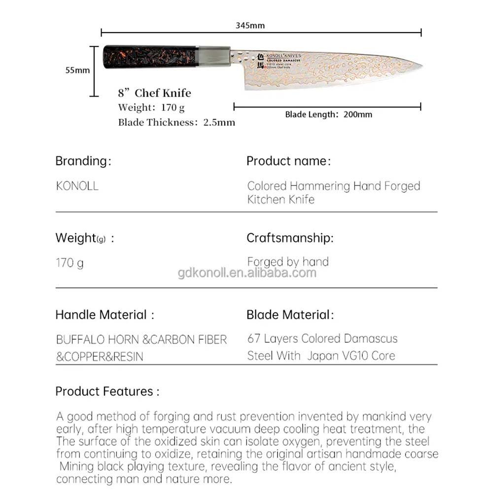 Kuchyňský nůž Chef/Gyuto 200 mm Konoll® Colored Damascus