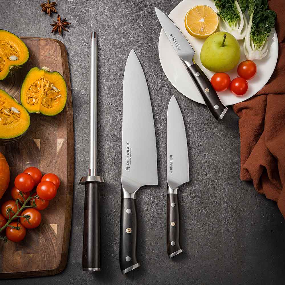 Vánoční sada Dellinger German Samurai Ebony – 3 nože a diamantová ocílka