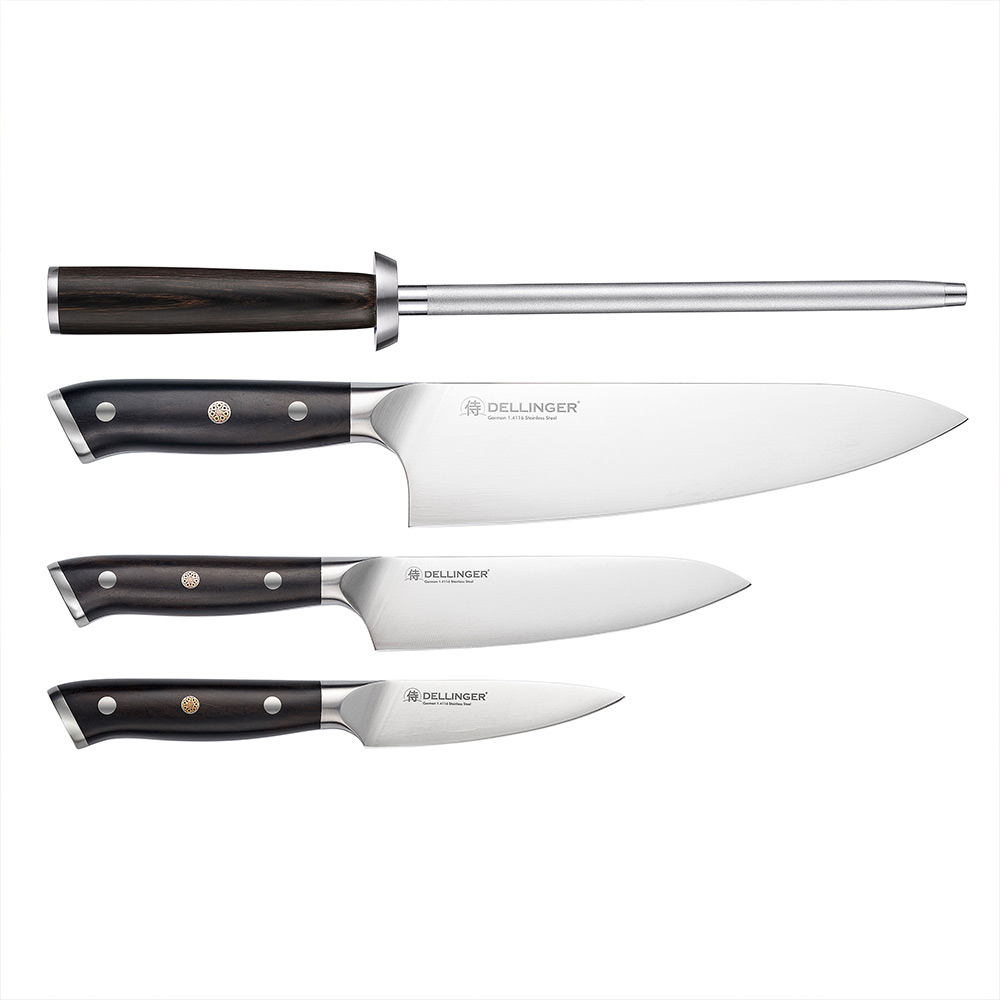 Vánoční sada Dellinger German Samurai Ebony – 3 nože a diamantová ocílka