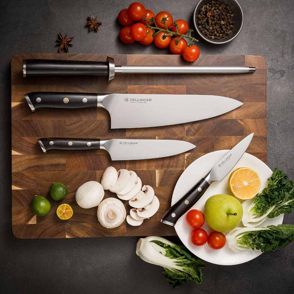 Vánoční sada Dellinger German Samurai Ebony – 3 nože a diamantová ocílka