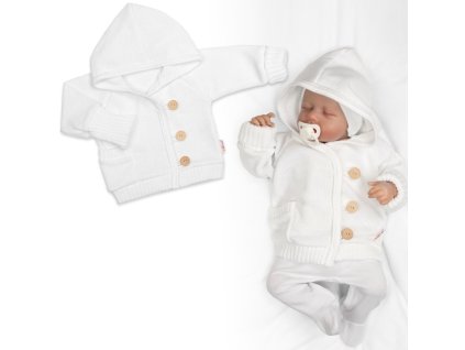 rastuci pleteny svetrik s kapucnou zapinanie gombikmi biely