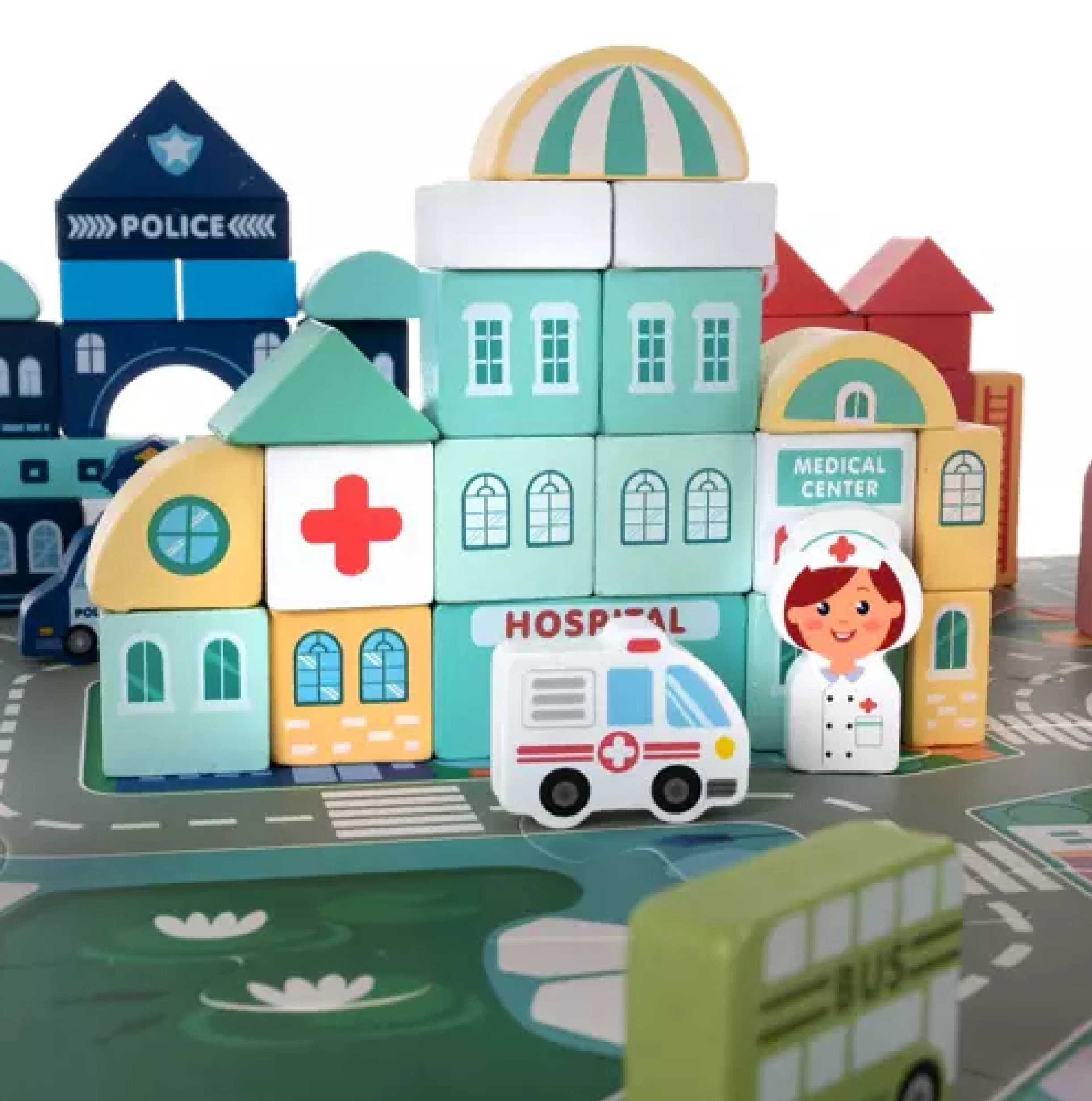 Уникални дървени кубчета 3 в 1 - Град - Мозайка и пъзел