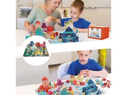 3 v 1 dřevěné kostky – Město – vkládačka a puzzle