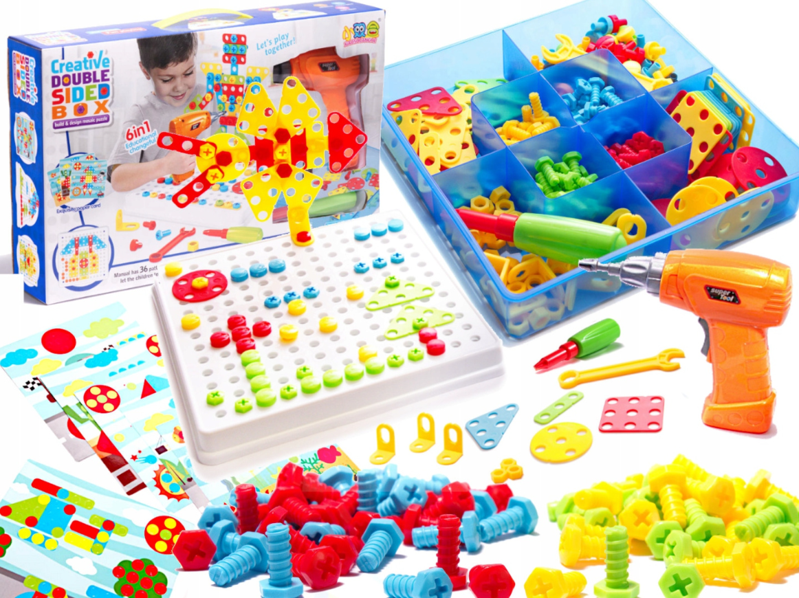 kreatywny zestaw konstrukcyjny dla dzieci - śrubokręt, wiertarka, śruby, klocki